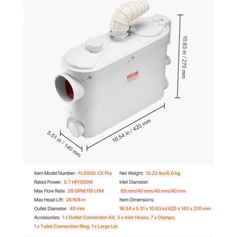 VEVOR Pompe Maceratrice 500 W Pompe de Relevage Eaux Usees 6600 L/h Hauteur Manometrique 8 m 3 Entrees deEau pour Toilette Sous-sol Cuisine Evier Douche Baignoire Buanderie Machine a Rincer Eaux Usees
