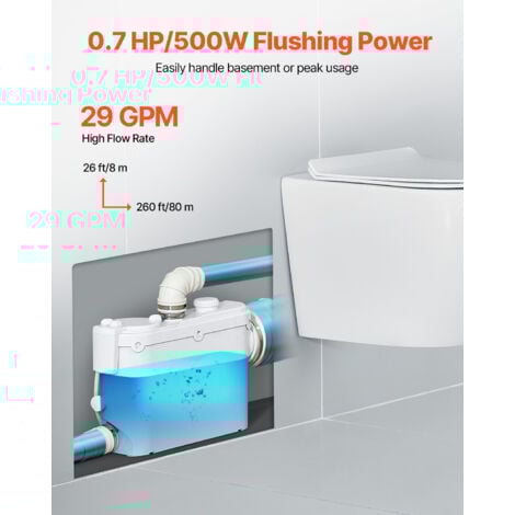VEVOR Pompe Maceratrice 500 W Pompe de Relevage Eaux Usees 6600 L/h Hauteur Manometrique 8 m 3 Entrees deEau pour Toilette Sous-sol Cuisine Evier Douche Baignoire Buanderie Machine a Rincer Eaux Usees
