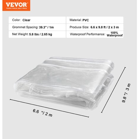 VEVOR Bâche Transparente Imperméable en PVC 2x3 m Bâche Etanche Rideau  Extérieur de Protection en Vinyle pour Couvrir Serre Terrasse Pavillon  Jardin