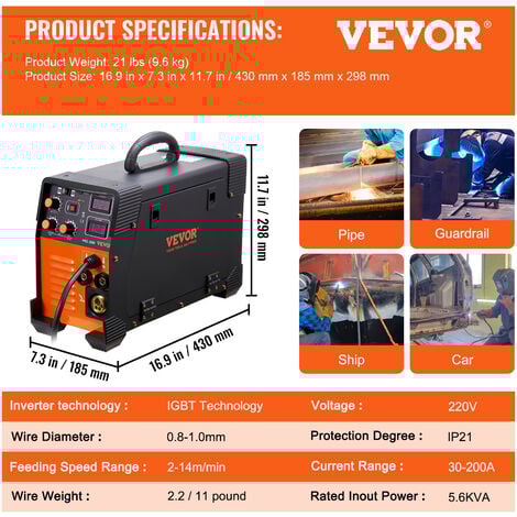 VEVOR Poste a Souder MIG-200 Poste a Souder MIG MMA TIG 200 A Poste de Soudage Portable Soudeuse Inverseur a Fil Fourre Machine a Souder 3 en 1 Equipement pour Soudage Acier au Carbone Fer Acier Inox