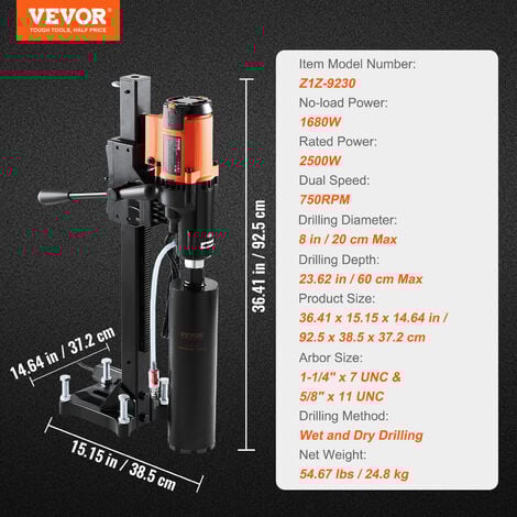 VEVOR Carotteuse a Diamant avec Support Max. Diametre 20 cm Max. Profondeur 60 cm 2500 W Perceuse au Diamant Percage Humide et Sec 750 tr/min Appareil de Forage Diamant pour Beton Arme Construction