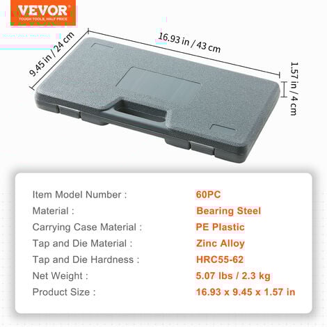 VEVOR Coffret Tarauds et Filieres 60 Pieces Metrique et SAE Kit de Taraudage et Filetage en Acier Resistant Mallette de Transport Outils pour Tarauder et Fileter Construction Reparation Auto Plomberie