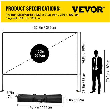 VEVOR Ecran de Projection avec Support 150" 381 cm Toile de Projection sur Pied HD 16:9 336x190 cm Ecran de Projecteur en Alu Vision Large 160° Portable Presentation Salle Multimedia Cinema Plein Air