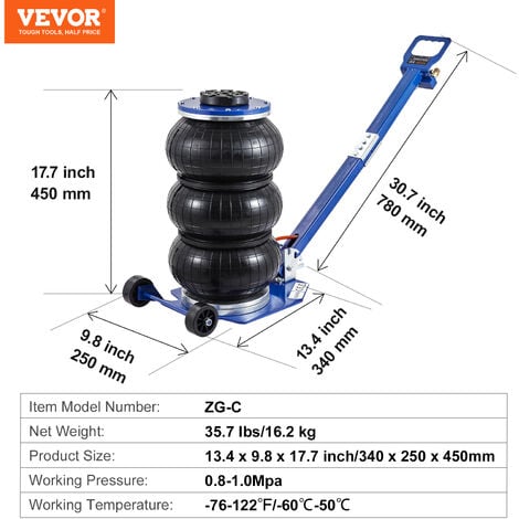 VEVOR Cric Pneumatique 3 T Plage 140-450 mm Cric de Levage Pneumatique 0,8-1,0 MPa avec 3 Coussins d’Air Poignee Ajustable Bleue Levage Rapide pour Reparation Entretien Voiture SUV Atelier Garage