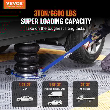 VEVOR Cric Pneumatique 3 T Plage 140-450 mm Cric de Levage Pneumatique 0,8-1,0 MPa avec 3 Coussins d’Air Poignee Ajustable Bleue Levage Rapide pour Reparation Entretien Voiture SUV Atelier Garage