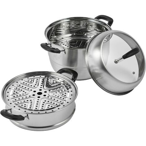 Cuit-Vapeur 3 Étages PRIMA - 24 Cm - Acier Inoxydable Avec Couvercle En Verre