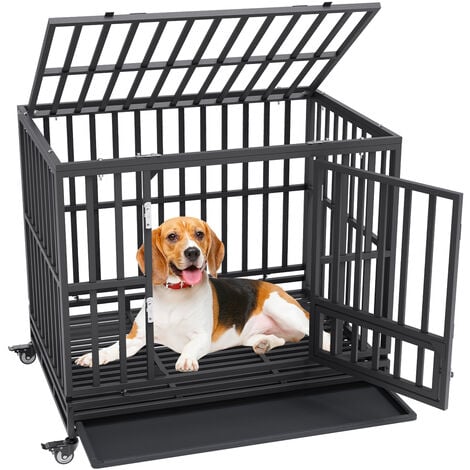 VEVOR Cage pour Chien Robuste 107x77x94 cm Cage de Transport en Metal pour Chiens en Anxiete de Taille Moyenne a Grande avec Roulettes Verrouillables 3 Portes Plateau Amovible pour Interieur Exterieur