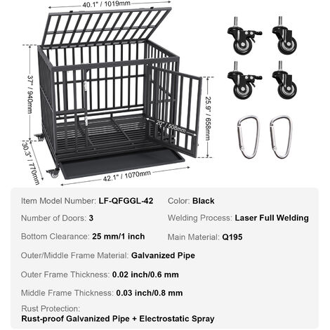 VEVOR Cage pour Chien Robuste 107x77x94 cm Cage de Transport en Metal pour Chiens en Anxiete de Taille Moyenne a Grande avec Roulettes Verrouillables 3 Portes Plateau Amovible pour Interieur Exterieur