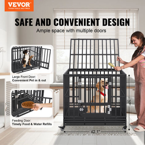VEVOR Cage pour Chien Robuste 107x77x94 cm Cage de Transport en Metal pour Chiens en Anxiete de Taille Moyenne a Grande avec Roulettes Verrouillables 3 Portes Plateau Amovible pour Interieur Exterieur