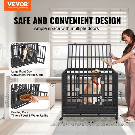 VEVOR Cage pour Chien Robuste 95x65x81 cm Cage de Transport en Metal pour Chiens en Anxiete de Taille Moyenne a Grande avec Roulettes Verrouillables 3 Portes Plateau Amovible pour Interieur Exterieur