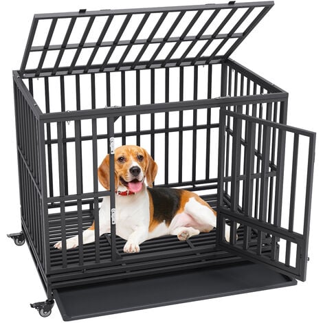 VEVOR Cage pour Chien Robuste 119x81x99 cm Cage de Transport en Metal pour Chiens en Anxiete de Taille Moyenne a Grande avec Roulettes Verrouillables 3 Portes Plateau Amovible pour Interieur Exterieur