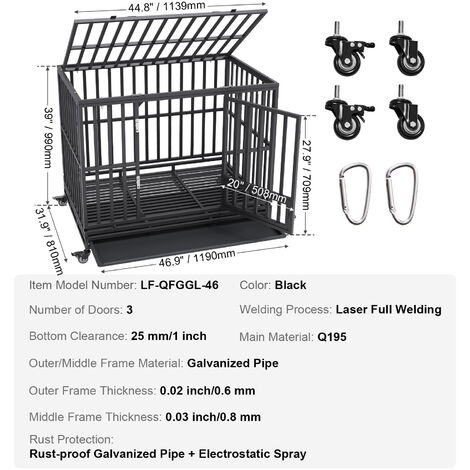 VEVOR Cage pour Chien Robuste 119x81x99 cm Cage de Transport en Metal pour Chiens en Anxiete de Taille Moyenne a Grande avec Roulettes Verrouillables 3 Portes Plateau Amovible pour Interieur Exterieur