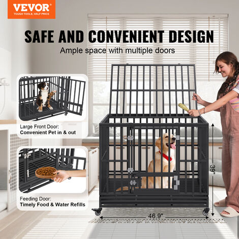 VEVOR Cage pour Chien Robuste 119x81x99 cm Cage de Transport en Metal pour Chiens en Anxiete de Taille Moyenne a Grande avec Roulettes Verrouillables 3 Portes Plateau Amovible pour Interieur Exterieur