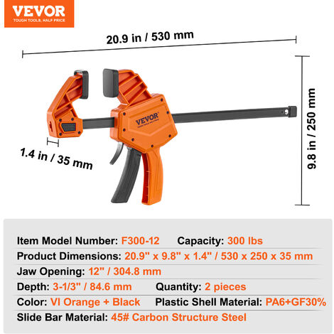 VEVOR Jeu de 2 Serre-Joints à Libération Rapide Serre-Joint à Une Main  Ouverture 304,8 mm Saillie 84,6 mm Force de Serrage Max. 136 kg Pince  Écarteur Réversible pour Charpentier Menuisier Métallurgie