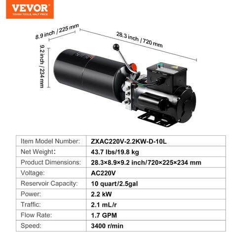 VEVOR Pompe Hydraulique AC 220 V 9,5 L Groupe Hydraulique Simple Effet  Debit deHuile 6