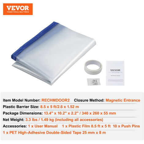 VEVOR Porte Anti-Poussiere 2,6 x 1,52 m Kit Barriere Anti-Poussiere avec Fermeture Eclair Magnetique et Bande Adhesive Double-Face pour Renovation Transformation Assainissement Construction Chantier