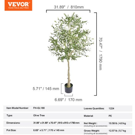 VEVOR Arbre Artificiel 179 cm Plante Artificielle PE Haut Olivier Faux Arbre Vert avec Pot 170x145 mm Decoration de Style Fausse Plante pour Maison Bureau Hotel Centres Commerciaux Interieur Exterieur