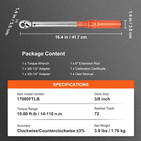 VEVOR 3/8 Clé Dynamométrique Mécanique Clé de Torsion 14-110 N.m