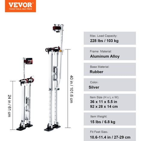 VEVOR Echasses pour Cloison Seche Reglables 61-101,6 cm Echasses Plaquiste Alliage deAluminium Charge 103 kg Pieds 27-29 cm Genouilleres de Protection pour Travaux Peinture Deco Maison Plafond Argent