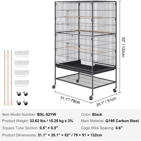 VEVOR Cage Oiseau 79x51x132 cm Grande Cage Oiseaux a Roulettes Interieur Decorative avec Support Roulant Plateau Detachable Perchoirs Mangeoires pour Divers Oiseaux Perroquet Ara Perruche Calopsitte