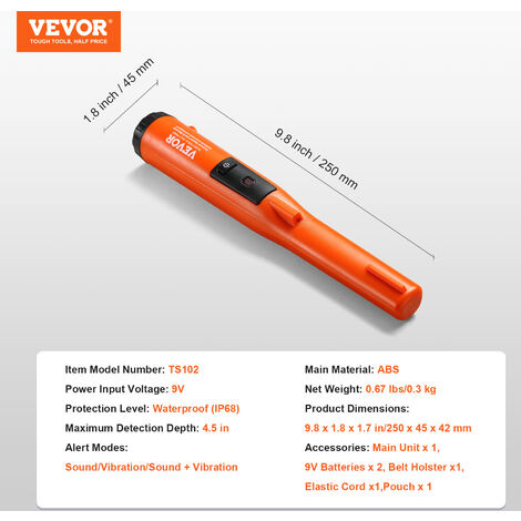 Détecteur De Métaux Pinpointer VEVOR IP68 étanche - Écran LCD, Vibration, Son - Profondeur 11cm