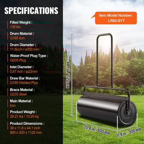 VEVOR Rouleau a Gazon 17 gallons 64 L Rouleau de Jardin Rempli de Sable/Eau Rouleau a Pelouse en Acier Bouchon Facile a Tourner Poignee Ergonomique en U a Pousser Tirer pour Pelouse Jardin Ferme Parc