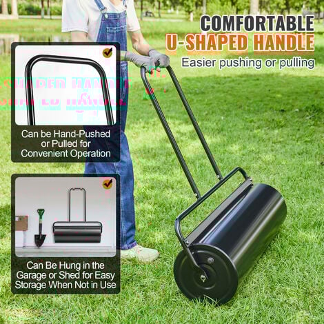 VEVOR Rouleau a Gazon 17 gallons 64 L Rouleau de Jardin Rempli de Sable/Eau Rouleau a Pelouse en Acier Bouchon Facile a Tourner Poignee Ergonomique en U a Pousser Tirer pour Pelouse Jardin Ferme Parc