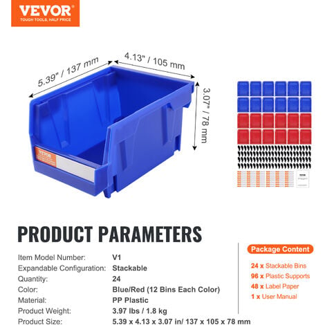 VEVOR Bac a Bec Plastique 24 Boites Rangement Empilables Atelier 137x105x78  mm Bleu/Rouge Combinaison Conteneurs