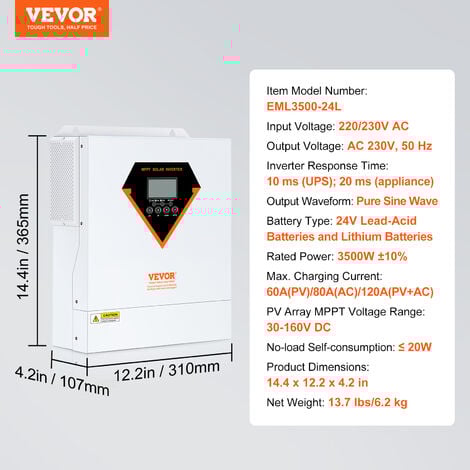 VEVOR Onduleur Hybride 3500 W Onduleur Solaire Hybride Chargeur Hors Reseau a Onde Sinusoïdale Pure 230 V CA avec Controleur de Charge Solaire MPPT 60 A Integre, Charge Hybride, Utilitaire, Solaire