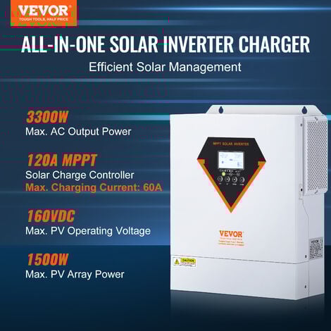 VEVOR Onduleur Hybride 3500 W Onduleur Solaire Hybride Chargeur Hors Reseau a Onde Sinusoïdale Pure 230 V CA avec Controleur de Charge Solaire MPPT 60 A Integre, Charge Hybride, Utilitaire, Solaire