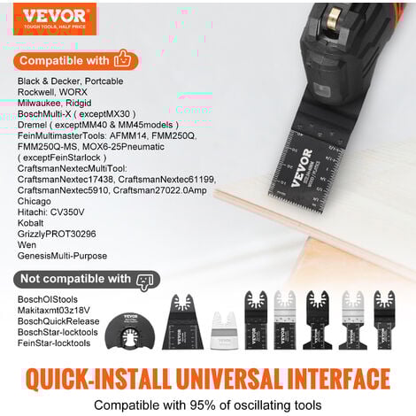 VEVOR Lames de Scie Oscillante 30PCS Lames Outil Multifonction Universelles Degagement Rapide 8 Types Lames Outils Oscillants pour Bois Metal Plastique pour Dewalt Milwaukee Hitachi Chicago Craftsman