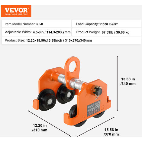 VEVOR Chariot Porte-palan Capacite de Charge 5 T Chariot a Poutre de Poussee Largeur Reglable de 114,3-203,2 mm Chariot a Palan de Garage en Acier Allie avec Roues pour Poutres en I Droite et Courbee