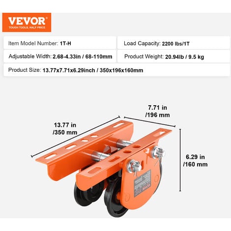 VEVOR Chariot Porte Palan Electrique Capacite Charge 1 T Chariot a Poutre Poussee Acier Allie Largeur Reglable 68-110 mm avec Roues pour Palan PA200 PA250 PA300 PA400 PA500 Poutre I Droite & Courbee