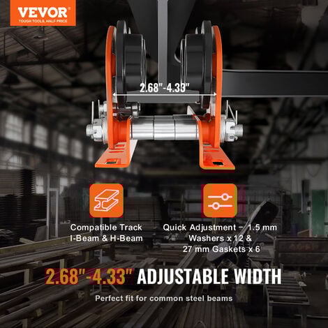 VEVOR Chariot Porte Palan Electrique Capacite Charge 1 T Chariot a Poutre Poussee Acier Allie Largeur Reglable 68-110 mm avec Roues pour Palan PA200 PA250 PA300 PA400 PA500 Poutre I Droite & Courbee