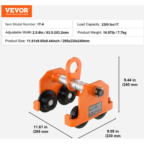 VEVOR Chariot Porte-palan Capacite de Charge 1 T Chariot a Poutre de Poussee Largeur Reglable de 63,5-203,2 mm Chariot a Palan de Garage en Acier Allie avec Roues pour Poutres en I Droite et Courbee