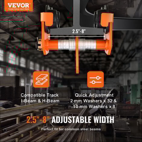 VEVOR Chariot Porte-palan Capacite de Charge 1 T Chariot a Poutre de Poussee Largeur Reglable de 63,5-203,2 mm Chariot a Palan de Garage en Acier Allie avec Roues pour Poutres en I Droite et Courbee