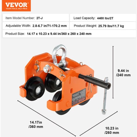VEVOR Chariot Porte-palan Capacite de Charge 2 T Chariot a Poutre de Poussee Largeur Reglable de 71-170,2 mm Chariot a Palan de Garage en Acier Allie avec Roues pour Poutres en I Droite et Courbee