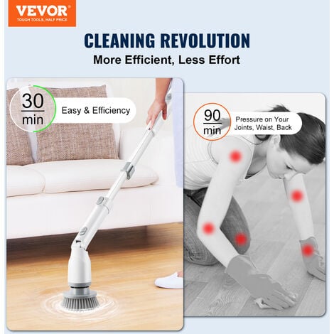 VEVOR Brosse de Nettoyage Electrique Rechargeable sans Fil Brosse de Lavage Rotative avec 4 Tetes Remplacables 280/380 tr/min Longueur et Angle Reglable pour Carrelage Baignoire Salle de Bain Cuisine