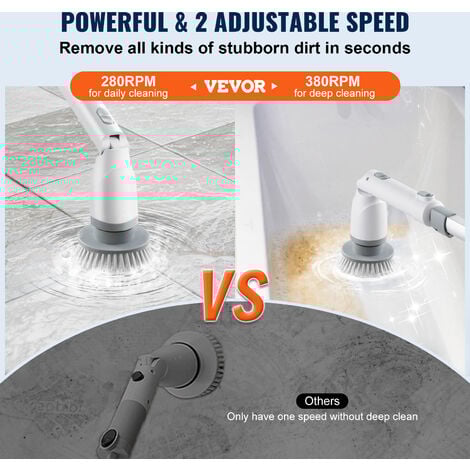 VEVOR Brosse de Nettoyage Electrique Rechargeable sans Fil Brosse de Lavage Rotative avec 4 Tetes Remplacables 280/380 tr/min Longueur et Angle Reglable pour Carrelage Baignoire Salle de Bain Cuisine