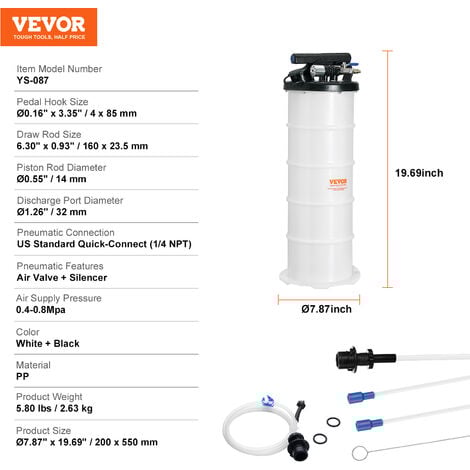 VEVOR Extracteur de Fluide 6,5 L Pompe a Vide deAspiration Vidange Huile Moteur Pneumatique/Manuel avec Jauge et Tuyau deAspiration Changement deHuile pour Evacuation des Fluides Automobiles sous Vide