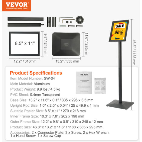 Présentoir à Affiches Sur Pied VEVOR - Format A3 (420x297 Mm), Réglable En Hauteur