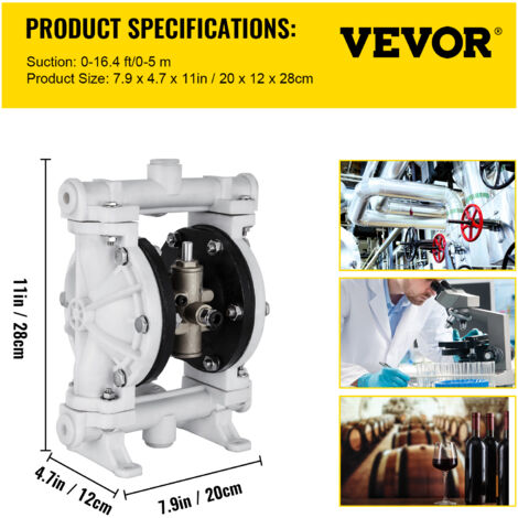 VEVOR Pneumatic Double Diaphragm Pump 12.7mm Inlet Outlet 13.2GPM & Max 120PSI PTFE Diaphragm Pneumatic Transfer Pump for Petroleum Diesel Oil Low Viscosity Fluids