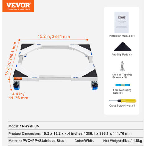 VEVOR Mini support de refrigerateur universel pour lave-linge et seche-linge, reglable avec roulettes sur pied, base de machine a laver multifonctionnelle socle extensible 381-614 mm largeur ajustable