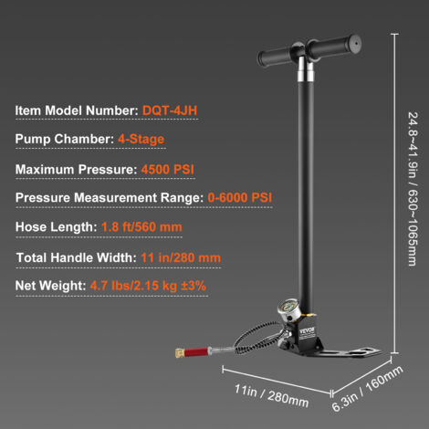 VEVOR Pompe a Main PCP 4 Etages Pompe a Carabine a Air PCP 4500 PSI Haute Pression 30 MPa Manometre a Filtre Huile-Humidite, Acier Inox pour Pistolets a Air Comprime, Reservoir de Plongee, Paintball