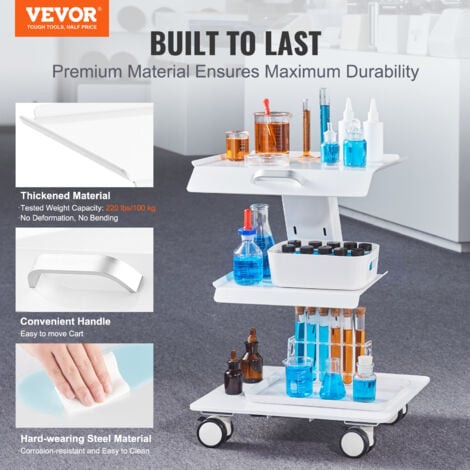 VEVOR Chariot de Laboratoire en Acier, Chariot Medical a 3 Couches, Chariot de Service Grande Capacite de Charge 100 kg avec Roues Pivotantes, Rangement pour Laboratoire Salon Hopital, Usage Dentaire