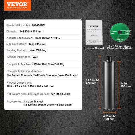 Couronne Diamantée Humide VEVOR 108 Mm - Profondeur 355 Mm - Foret Béton Avec Lame Scie - Filetage 1-1/4"-7
