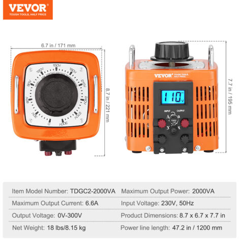 Transformateur de tension variable auto 2000 VA, 6,6 A, entrée 230 V, sortie 0-300 V