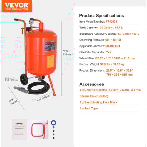 VEVOR Sableuse Haute Pression 75,7 L Kit de Sablage a Air 60-110 PSI Reservoir de Sablage Abrasif Portable avec 4 Buses en Ceramique et Separateur Huile-eau pour Elimination Peinture, Taches, Rouille