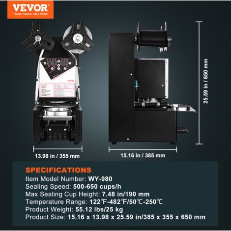 VEVOR Machine a sceller tasses entierement automatique, 500-650 tasses/h, scelleuse electrique a the Boba 190 mm haut 90/95 mm panneau LCD de commande numerique pour the au lait a bulles, cafe, noir