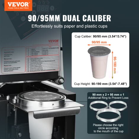 VEVOR Machine a sceller tasses entierement automatique, 500-650 tasses/h, scelleuse electrique a the Boba 190 mm haut 90/95 mm panneau LCD de commande numerique pour the au lait a bulles, cafe, noir